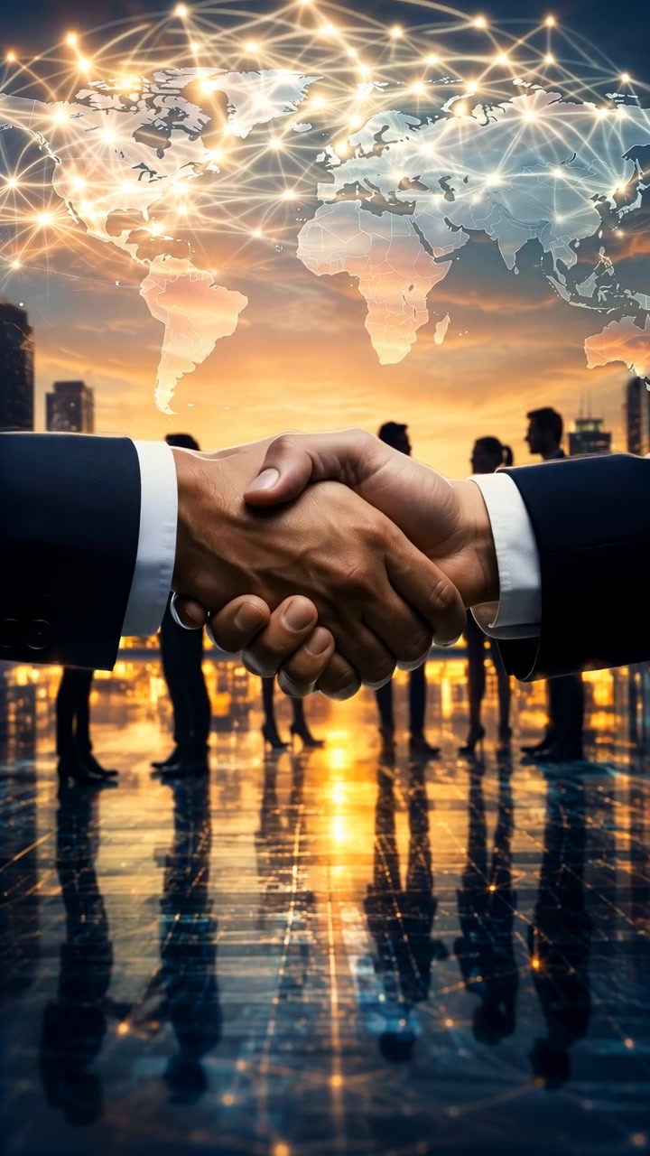 Aperto de mão de negócios entre profissionais de terno em um telhado ao pôr do sol, com o horizonte da cidade, grupo de networking em silhueta, conceito de mapa-múndi brilhante e clima de parceria corporativa.