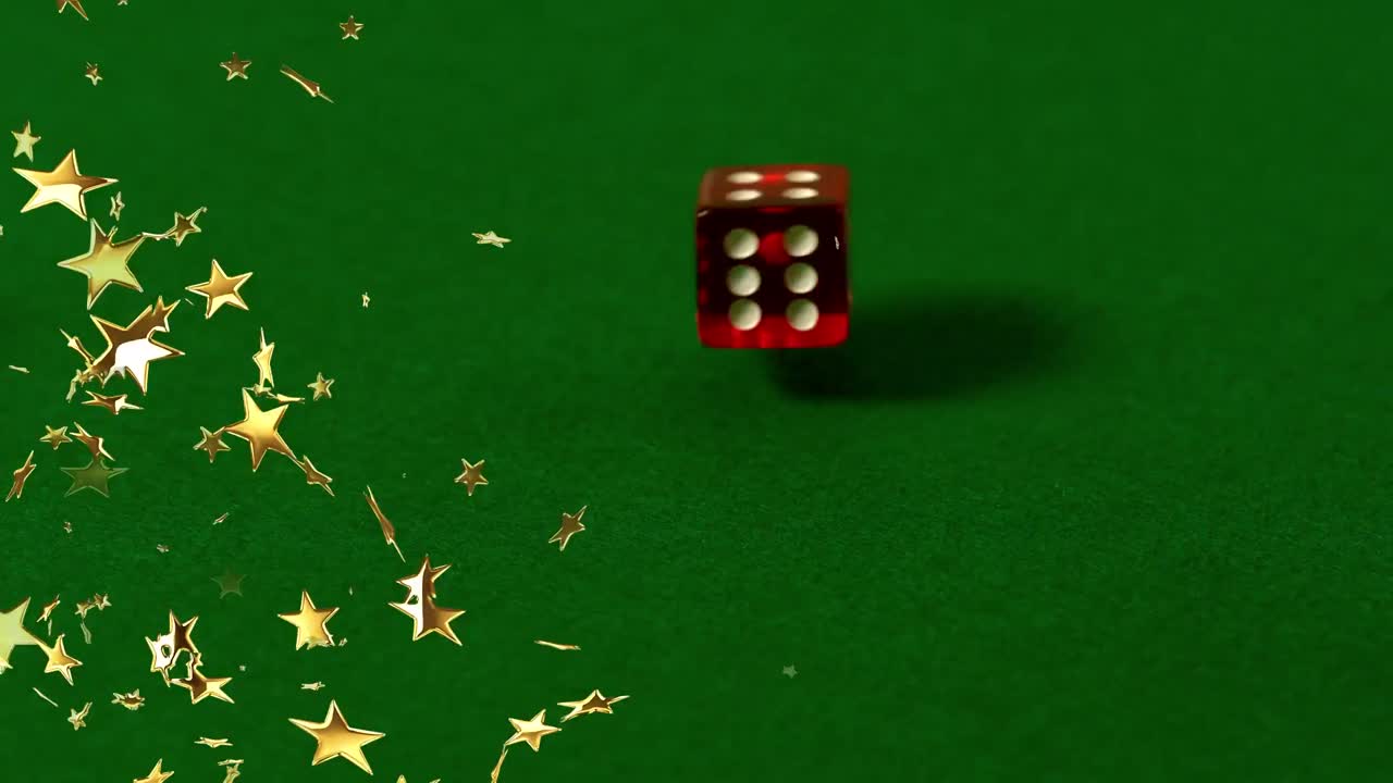 animación de estrellas doradas que caen sobre dos dados rojos en el fondo verde del casino