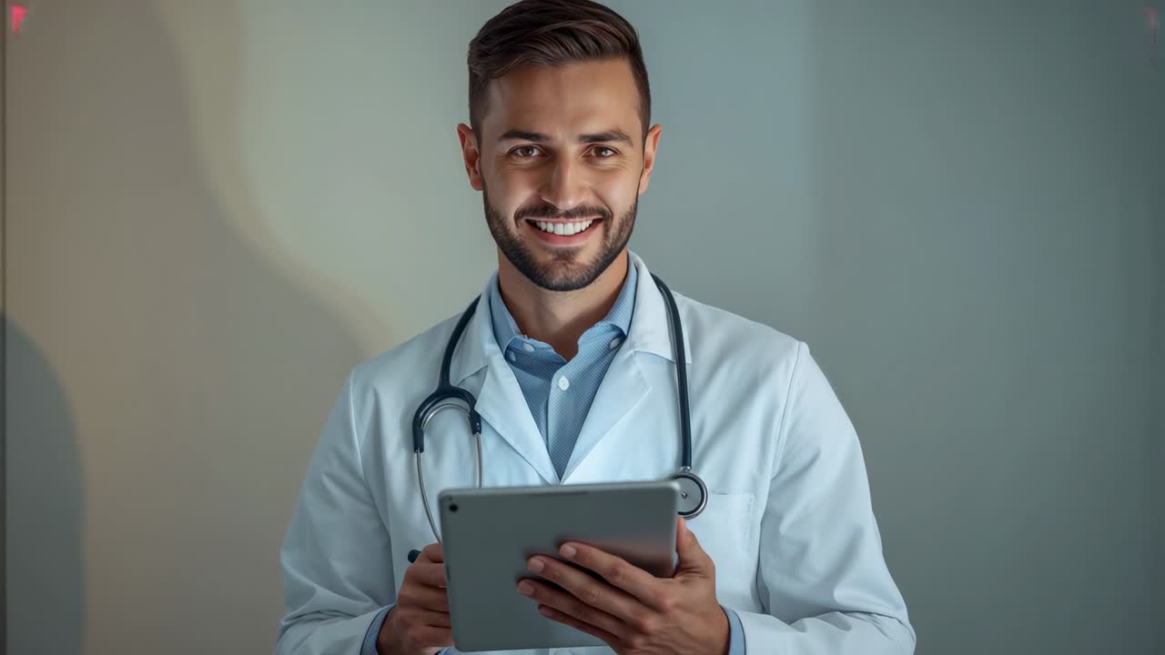 Dottore con camice da laboratorio e stetoscopio che tiene in mano un tablet e tocca lo schermo consultando degli appunti in una clinica