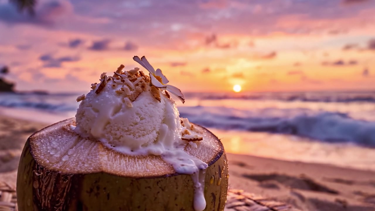 Un tramonto su una spiaggia tropicale con cocco e gelato: una scena serale idilliaca che cattura l'essenza del relax e della bellezza della natura