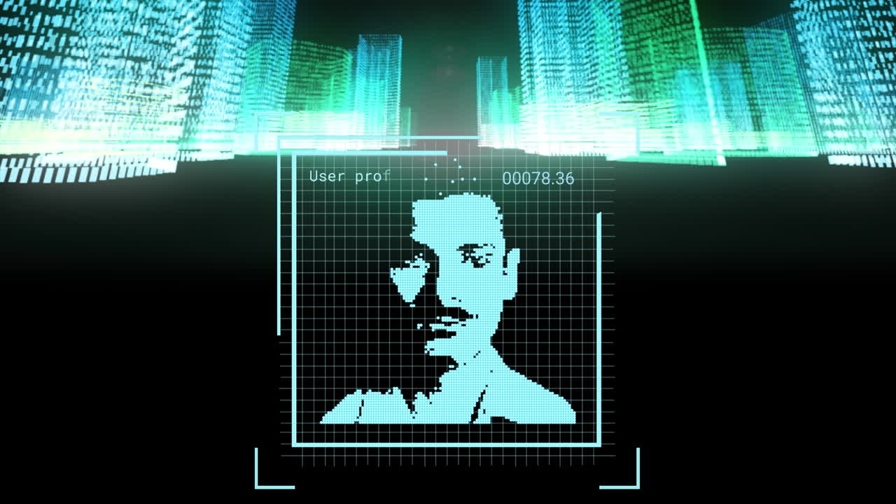 animación de las fotos de los usuarios que cambian sobre la ciudad del metaverso