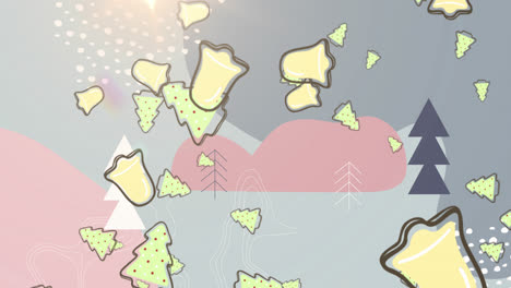 multiple christmas tree and bell icons falling against abstract shapes on grey background