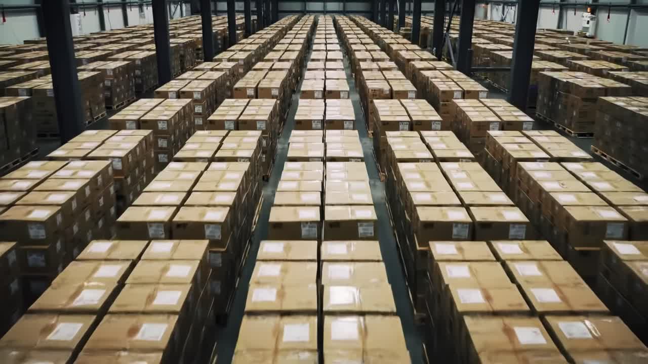 An expansive warehouse is filled with neatly arranged boxes, highlighting organized storage and inventory practices. The structured layout facilitates easy access for optimal logistics operations.