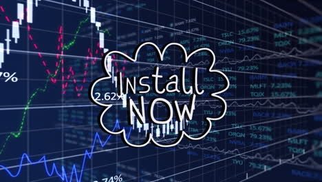 animación de instalar ahora texto y procesamiento de datos en fondo azul