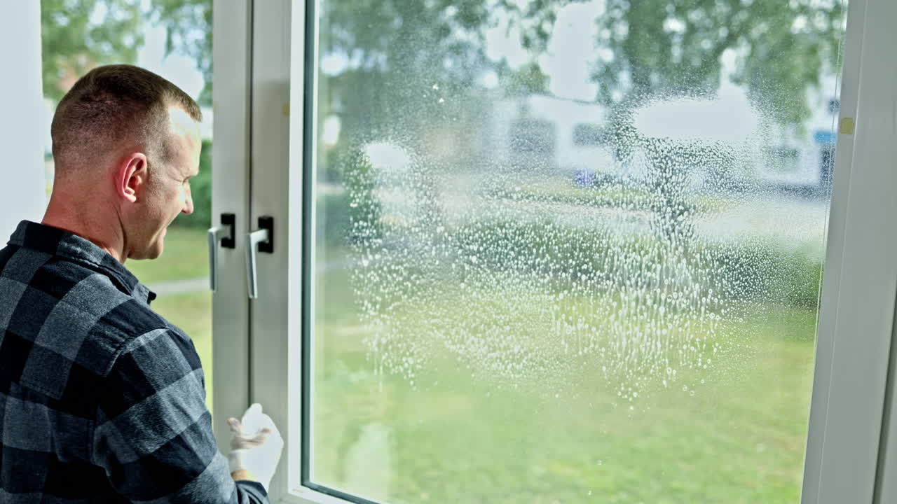 Mann vasker vinduer hjemme med vaskemiddel. Mannen rengjør vinduet selv med vaskemiddel. Rengjøringsfirma vasker hus.