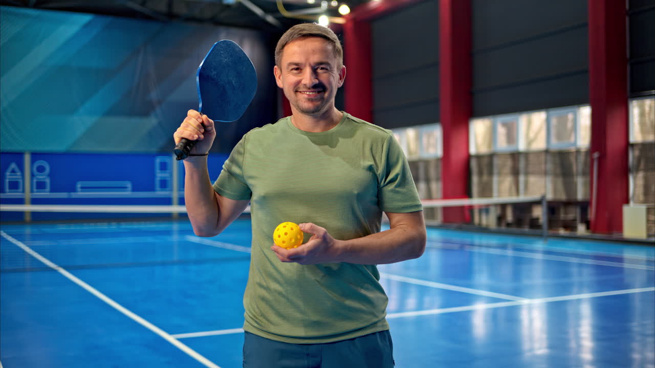 A man in a green t-shirt posing after playing pickleball on a blue, inside court