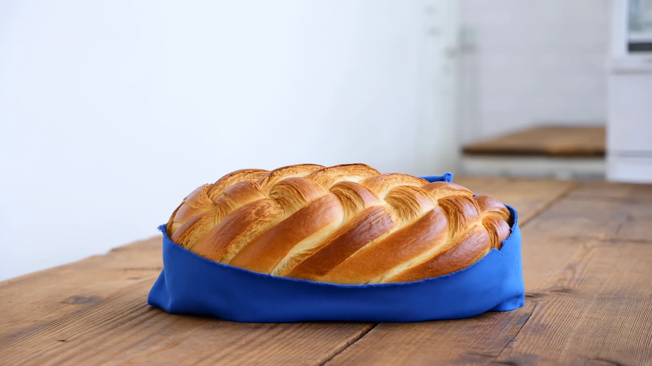 Freshly Baked Braided Challah Bread on a Wooden Table