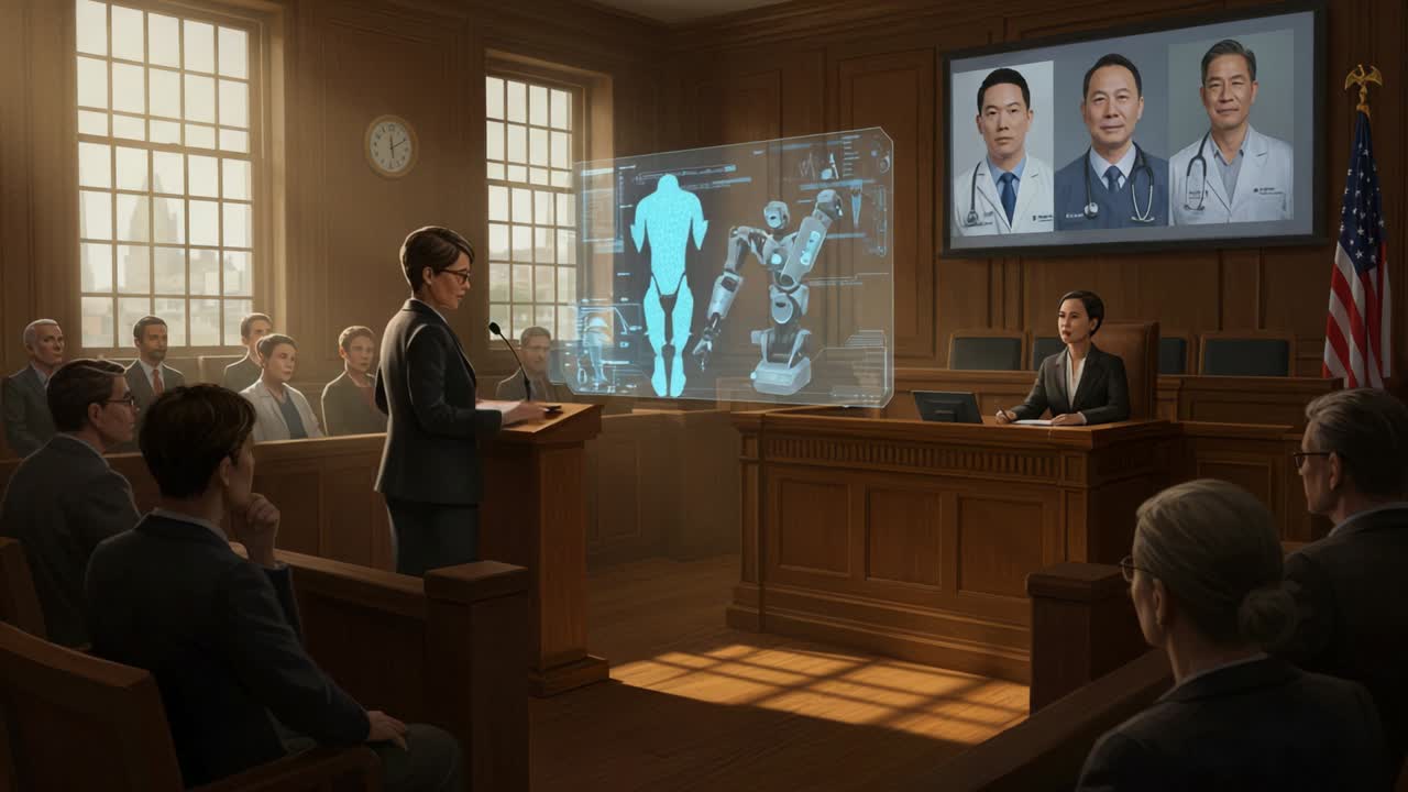 In a tense courtroom scene, a lawyer presents a holographic representation during a trial, while jurors and judges observe the intriguing technological evidence