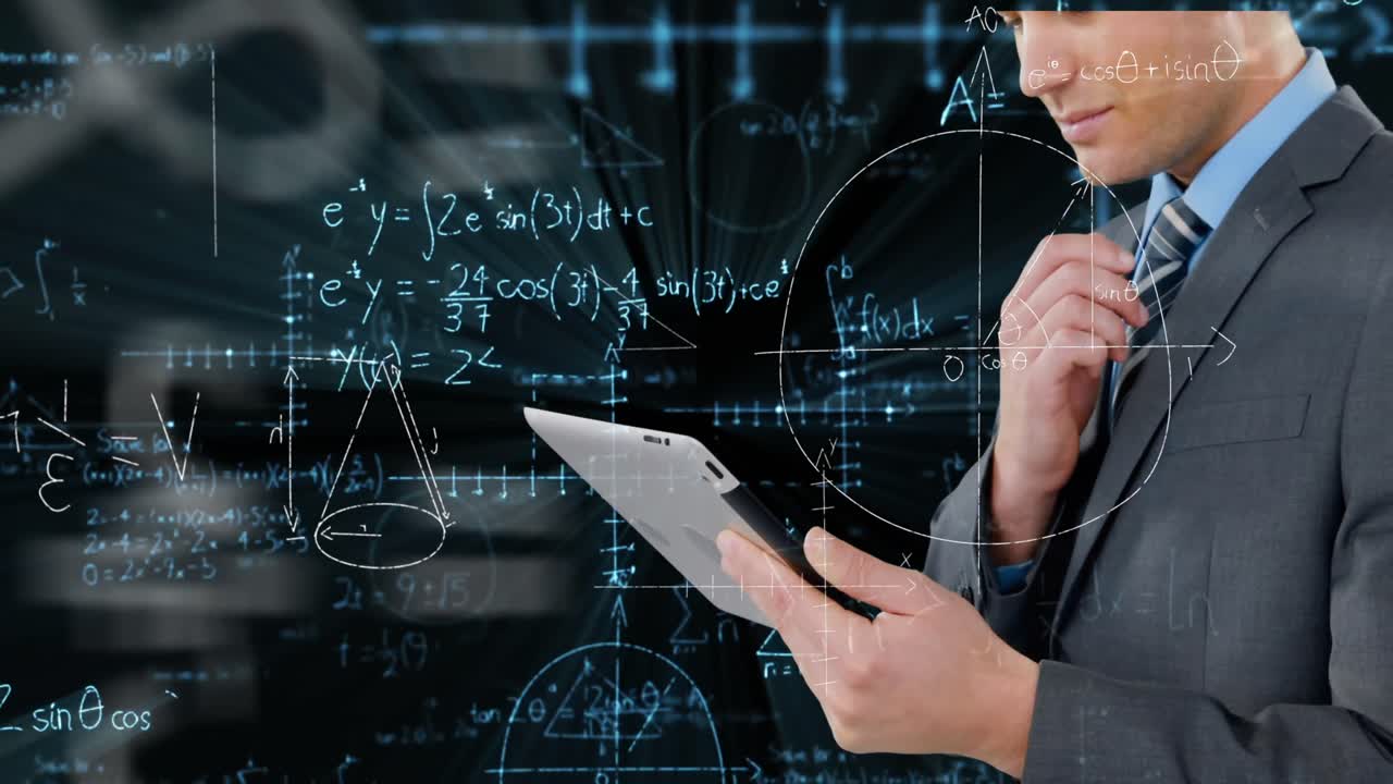 태블릿을 사용하는 사업가에 대한 데이터 처리 및 수학적 방정식의 애니메이션