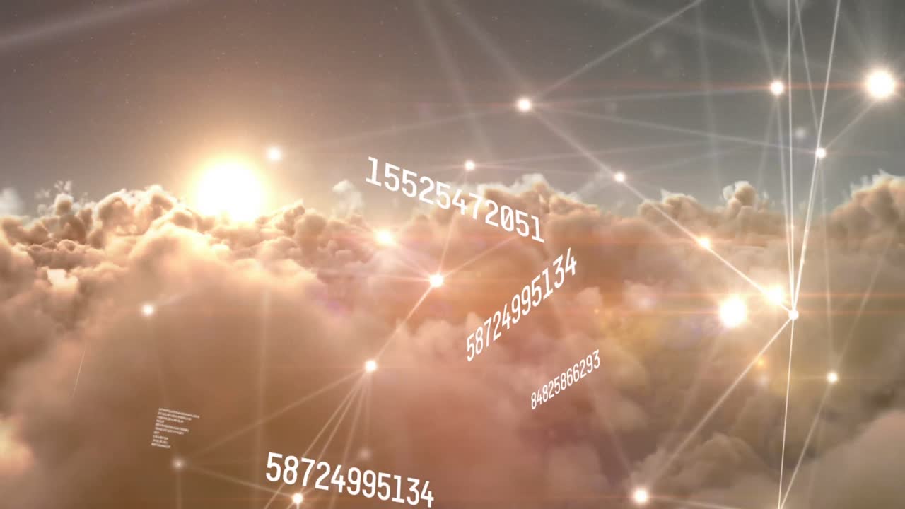 animación de la red de conexiones y procesamiento de datos sobre el cielo con nubes