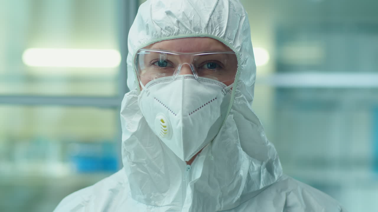 Portrait of Scientist in Protective Suit and Mask in Lab