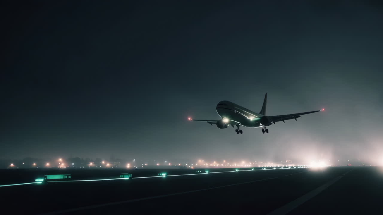 aterrizaje de avión por la noche en la niebla