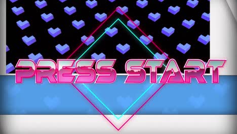 animation of press start and squares over black background with 3d hearts