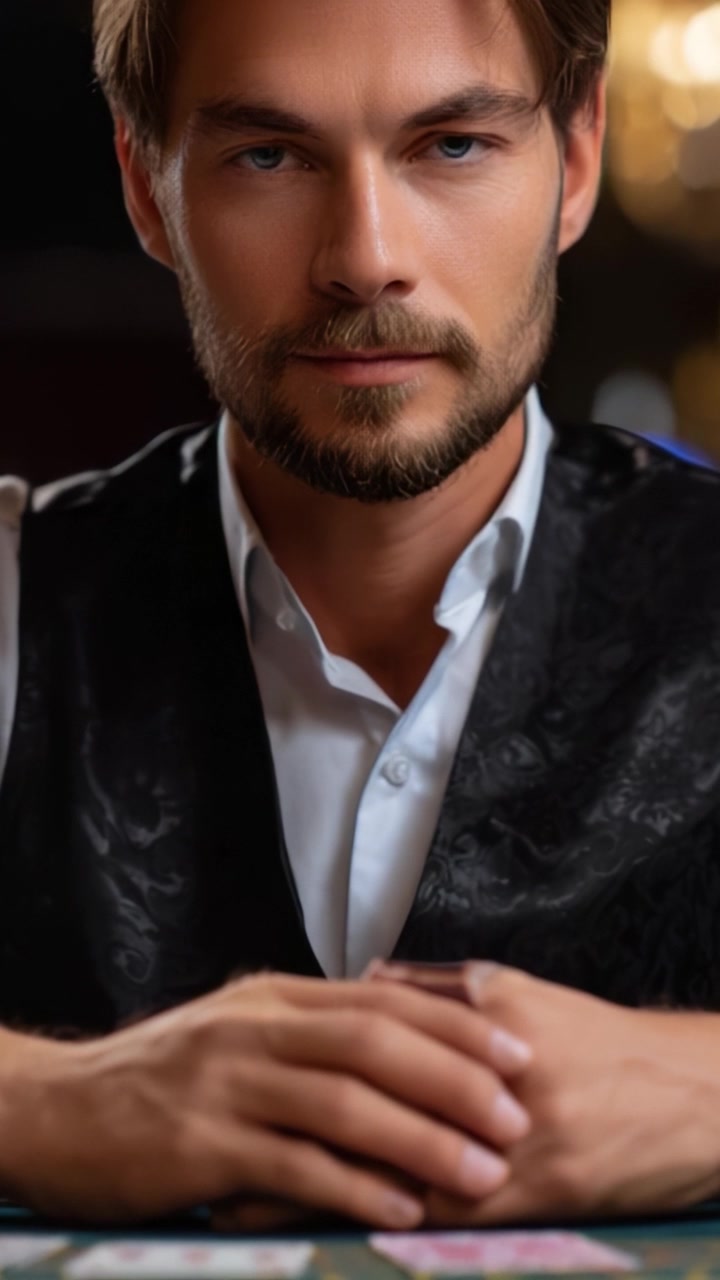 Un Giocatore Concentrato in un Elegante Ambiente da Casinò, che Irradia Fiducia e Composure, Pronto per un'Intensa Partita di Abilità e Strategia nel Glamour della Notte.
