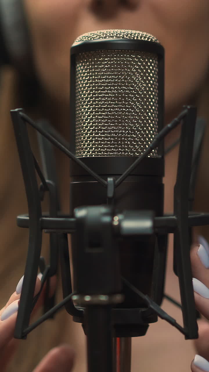 Talented young woman singer with large headphones records new song in modern soundproof audio studio focus on microphone and hands extreme closeup