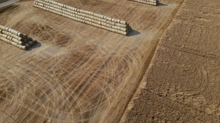 Part of the field has been harvested with a combine. The straw is collected in a roll and stacked in a pyramid at the edge of the field. Ripe grain field. Aerial photography