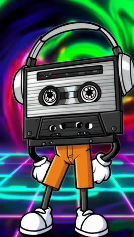 retro cassette tape character with headphones on neon background