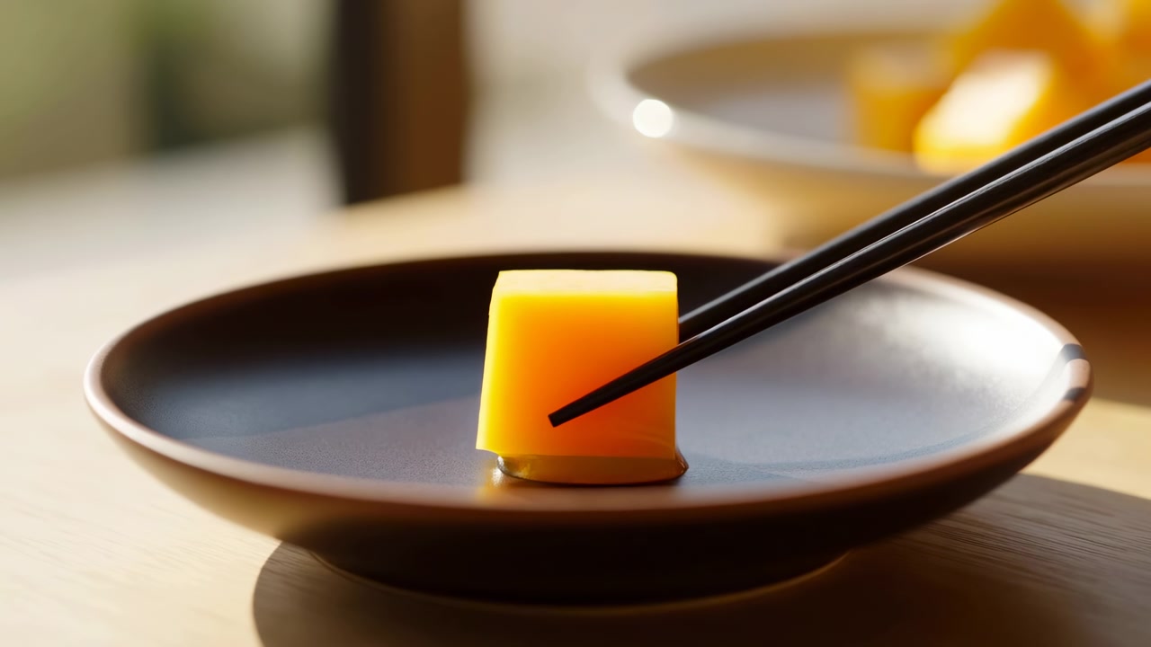 Azione di servizio a metà sequenza di bacchette che sollevano un cubetto di formaggio giallo brillante da un piatto di ceramica scuro.
