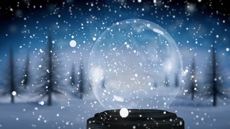 animación de nieve cayendo sobre bola de nieve y paisaje de invierno