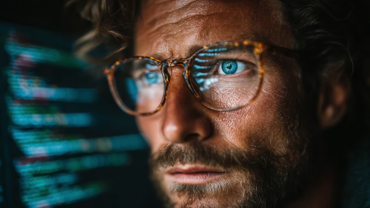 A Focused Individual Analyzes Code on a Screen, Highlighting the Intensity of Concentration and Deep Engagement in the Digital World of Programming