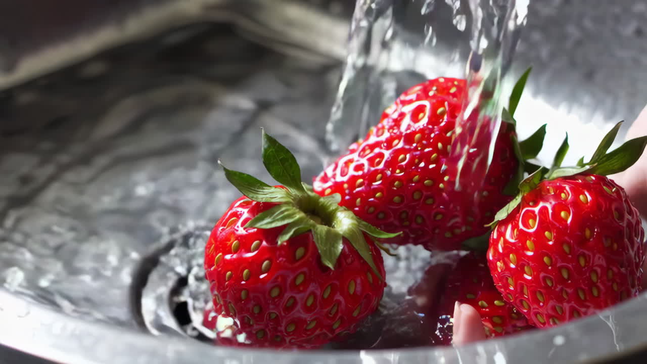 Washing Strawberries in a Kitchen Sink