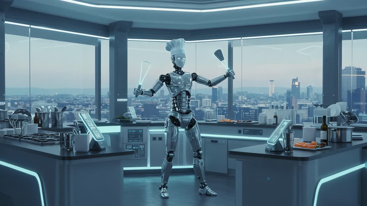 A Futuristic Robotic Chef Mastering Culinary Arts in a Sleek, Modern Kitchen with City Views, Showcasing Innovation and Technology in Gastronomy