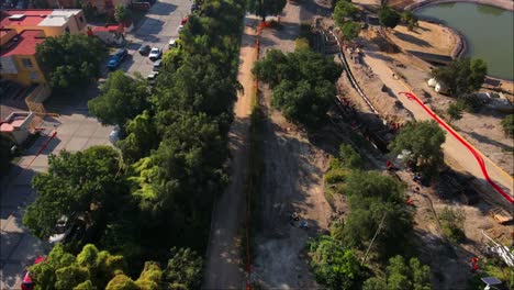 aerial drone view of unfinished city park construction, 4k