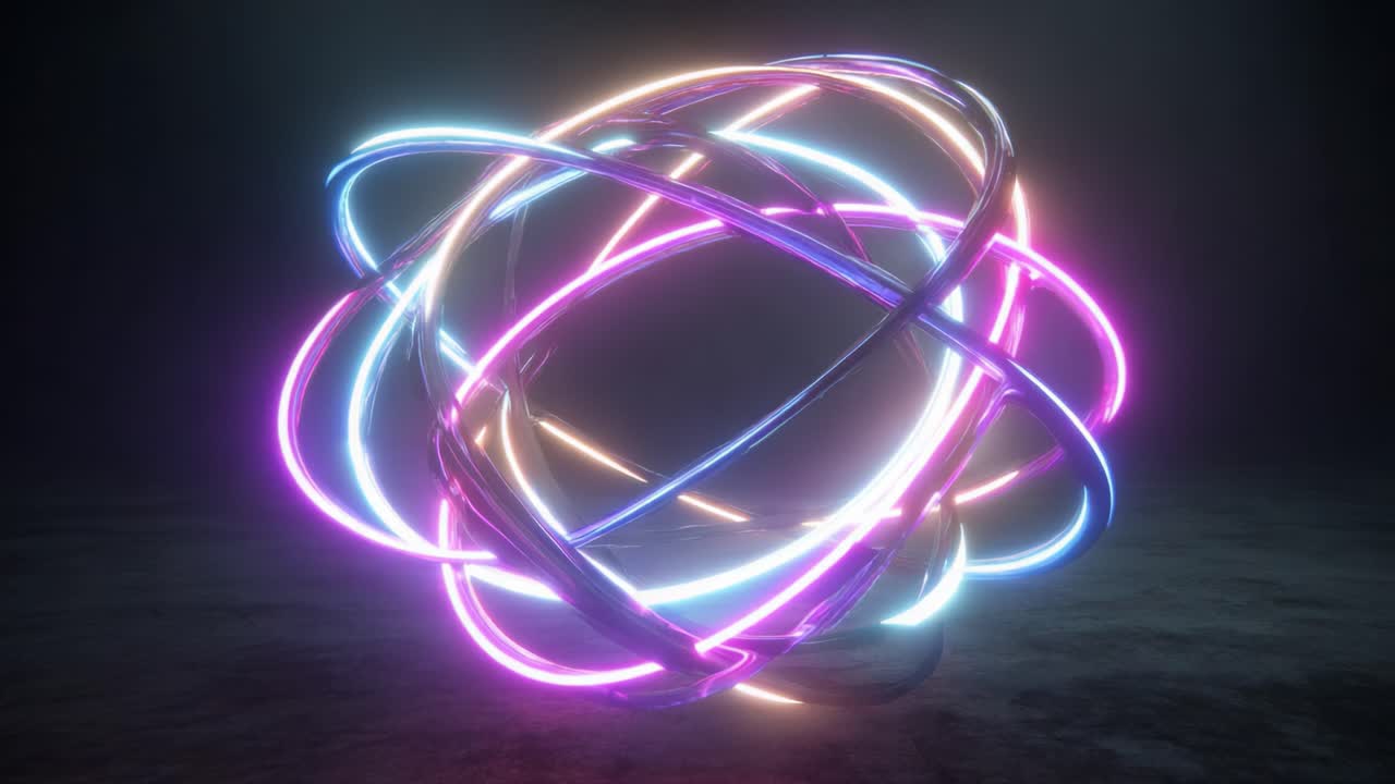 A Stunning Display of Illuminated Energy: A Vibrant 3D Sphere Composed of Colorful Neon Rings Spinning in a Dark Environment, Creating a Mesmerizing Visual Experience