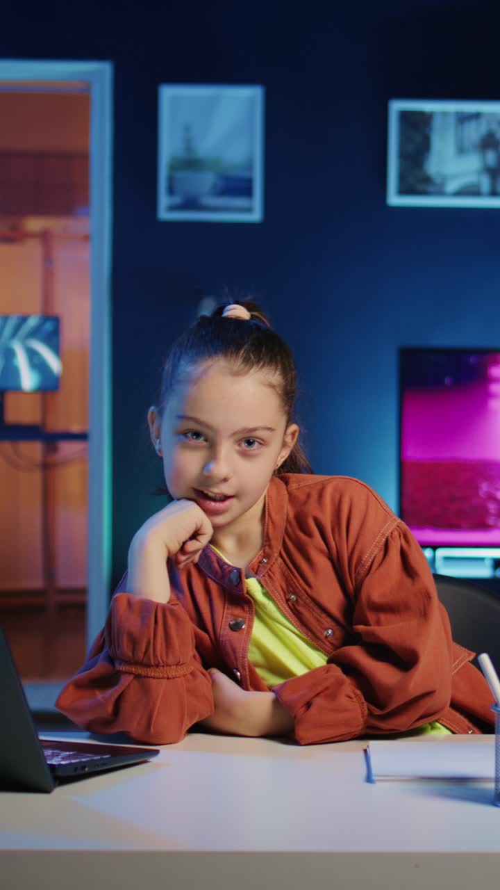 Ragazza che realizza un video verticale mentre parla di una giornata scolastica noiosa con bambini che guardano i suoi contenuti online