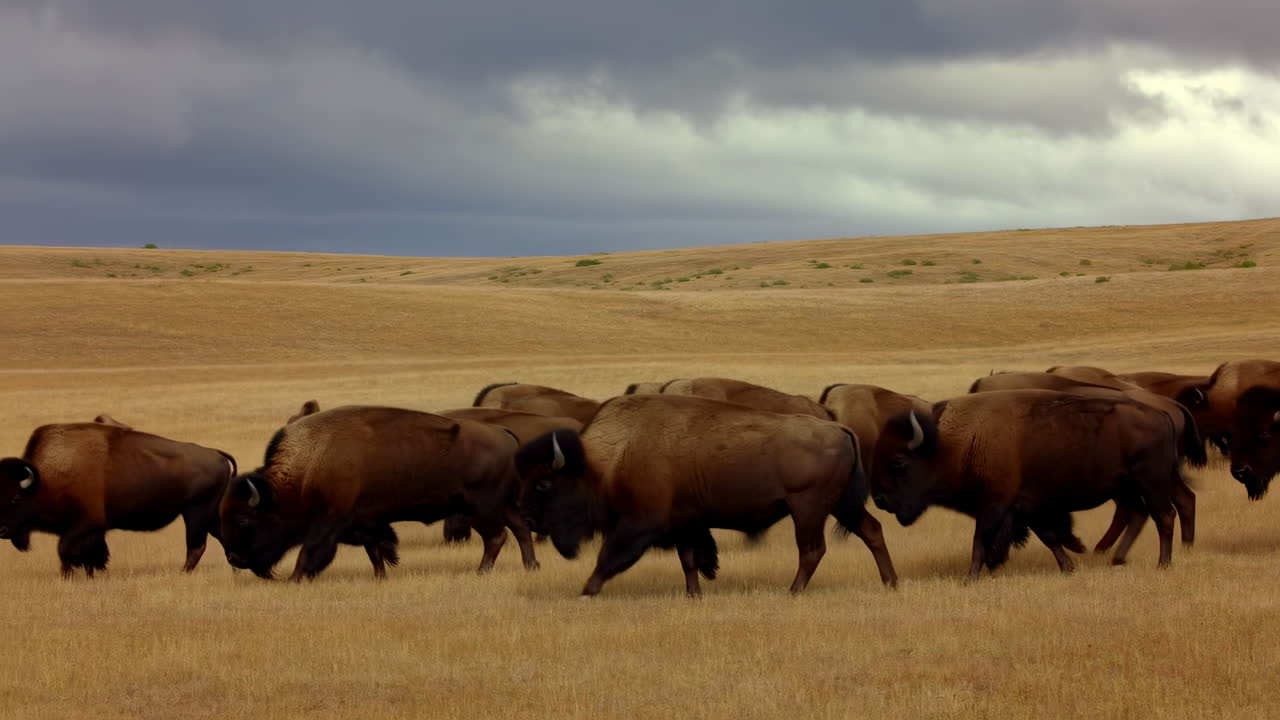 Mandria di bisonti al pascolo su prateria dorata sotto nuvole minacciose su pianure ondulate, adulti e vitelli che si muovono lentamente.