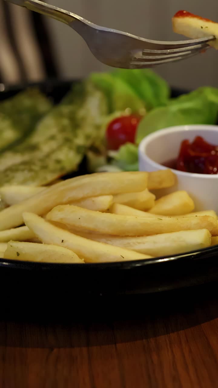 Primo piano di una mano che intinge una patatina fritta nel ketchup accanto a un'insalata sotto una calda illuminazione interna