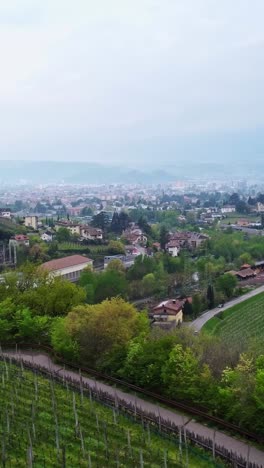Cityscape Bolzano city in Italy, aerial taken from hillside with vineyards with mist in the distance