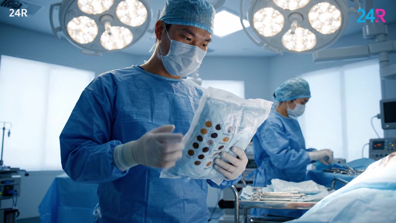 Kirurg forbereder sig til en operation i en skarpt oplyst operationsstue med kirurgiske instrumenter og medicinsk personale, der tager sig af en patient på operationsbordet