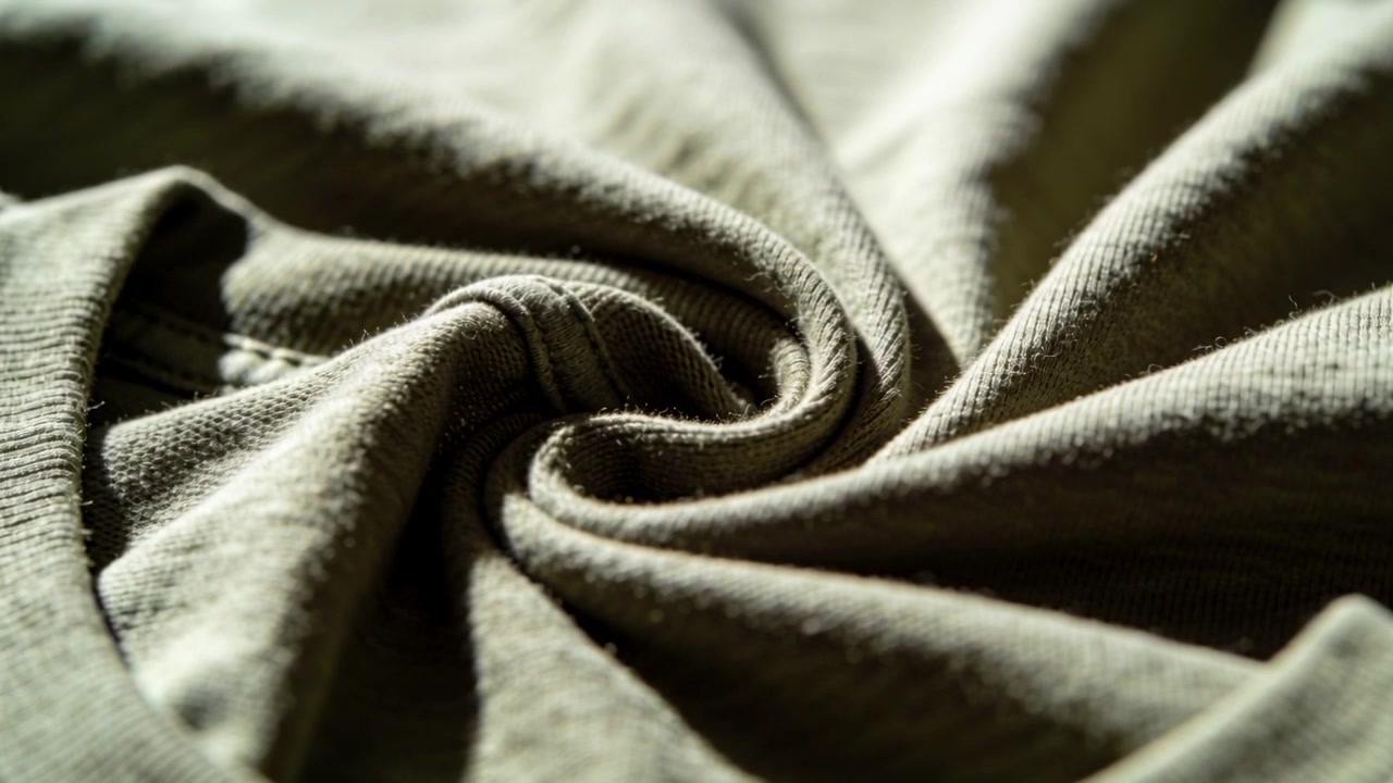 Fortschreitende Bilder enthüllen eine Strickspirale in Nahaufnahme, wobei die Schärfe erhöht wird, um Naht und Pilling zu zeigen.