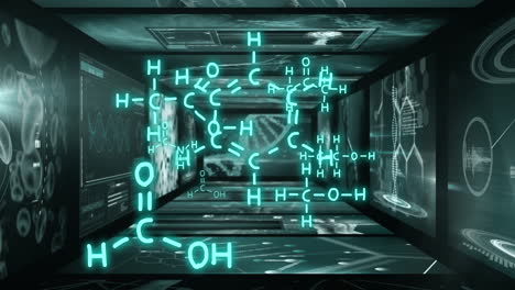 Animation of mathematical formulae and scientific data processing on screens over black background