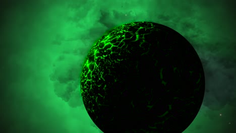 zoom cgi por planeta alienígena verde frente a nebulosa verde, espacio, vista amplia