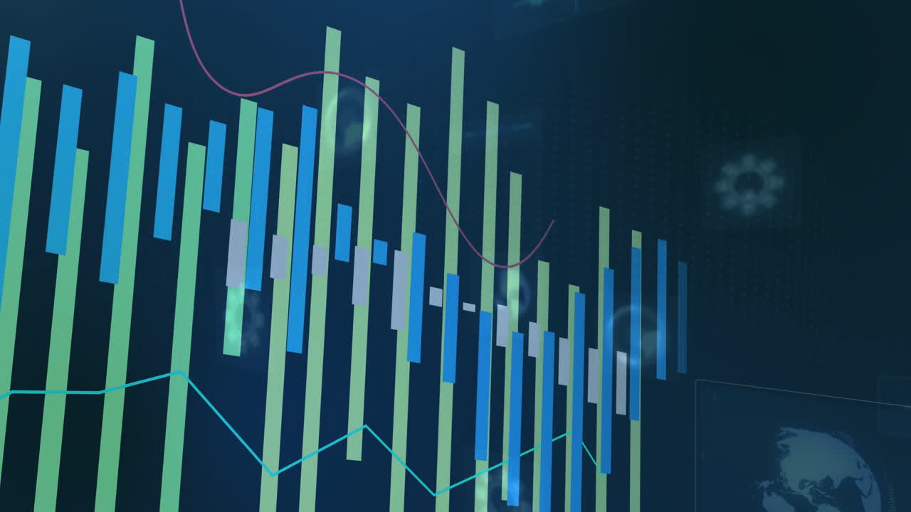 Animation of colorful bar and line graphs on dark digital background