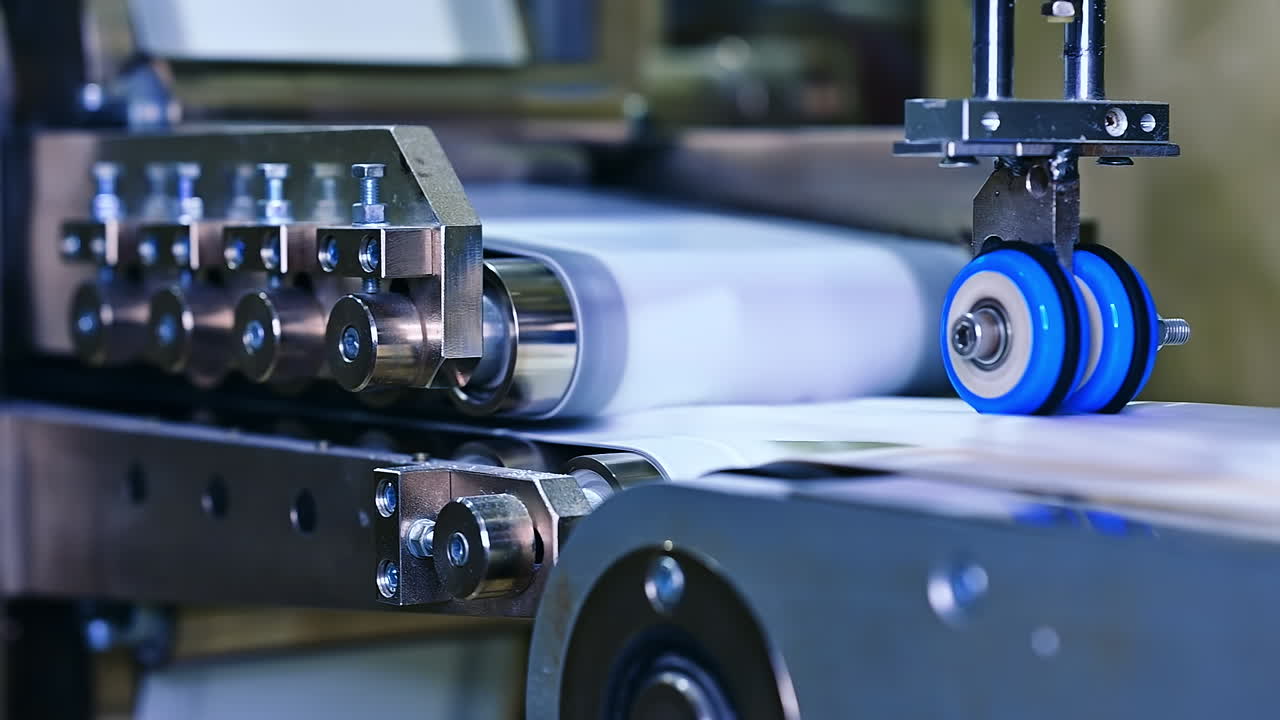 Conveyor line at the modern diaper plant. Massive metal fasteners holding the conveyor belt equipment. Close up.