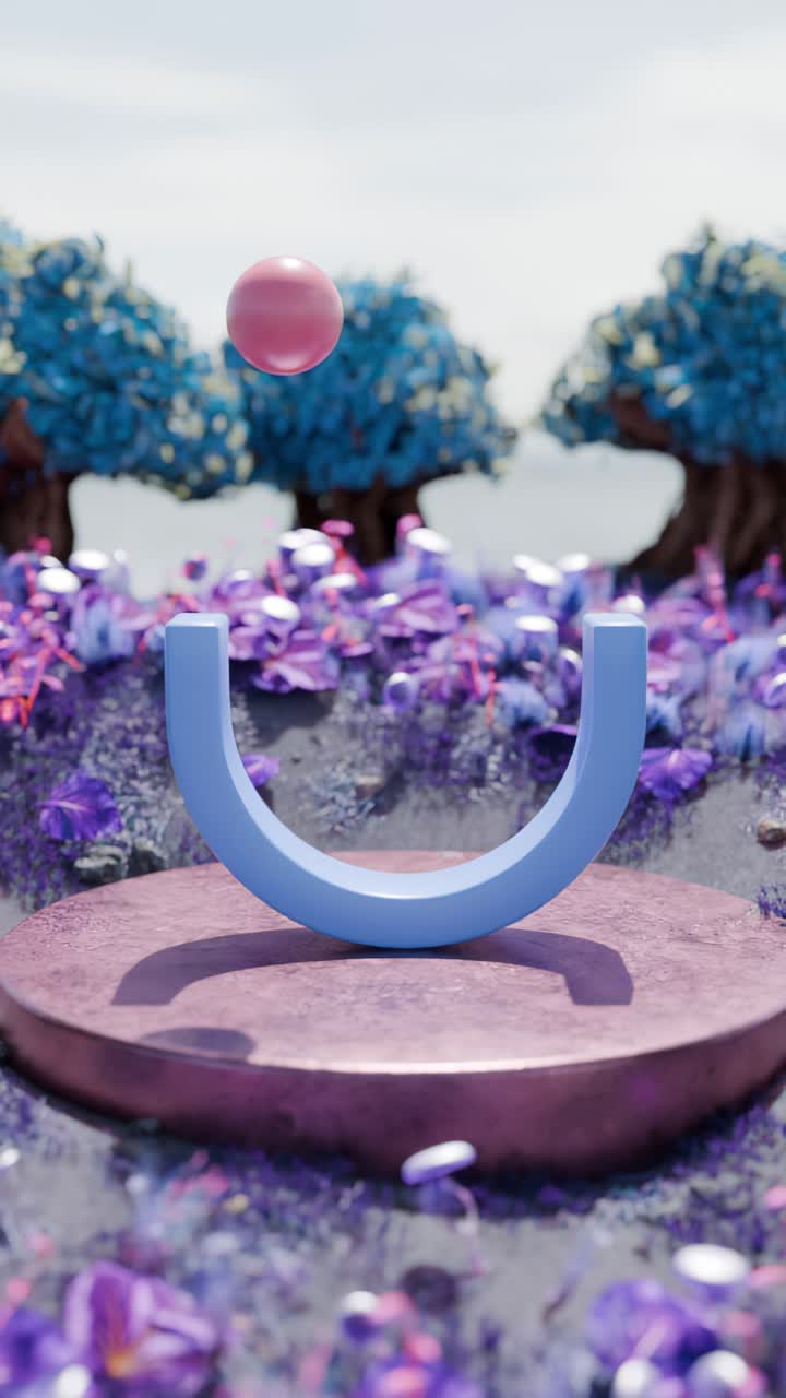 rendering 3d abstracto de una escultura en forma de u en un paisaje floral