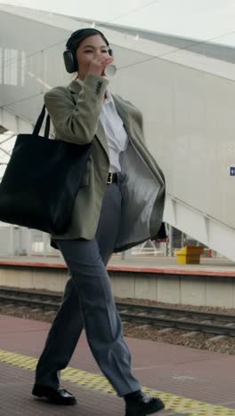 businesswoman commuting at train station