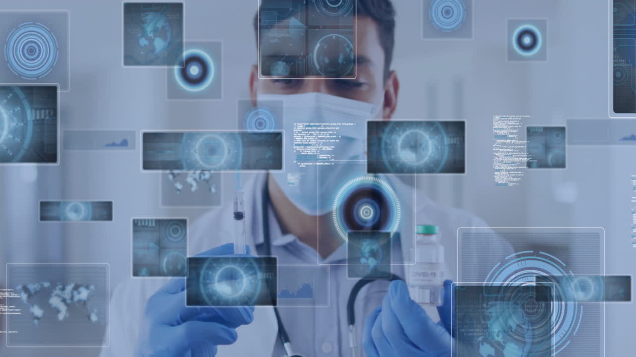 Doctor handling test tube and pipette in medical lab, with holographic data visuals floating