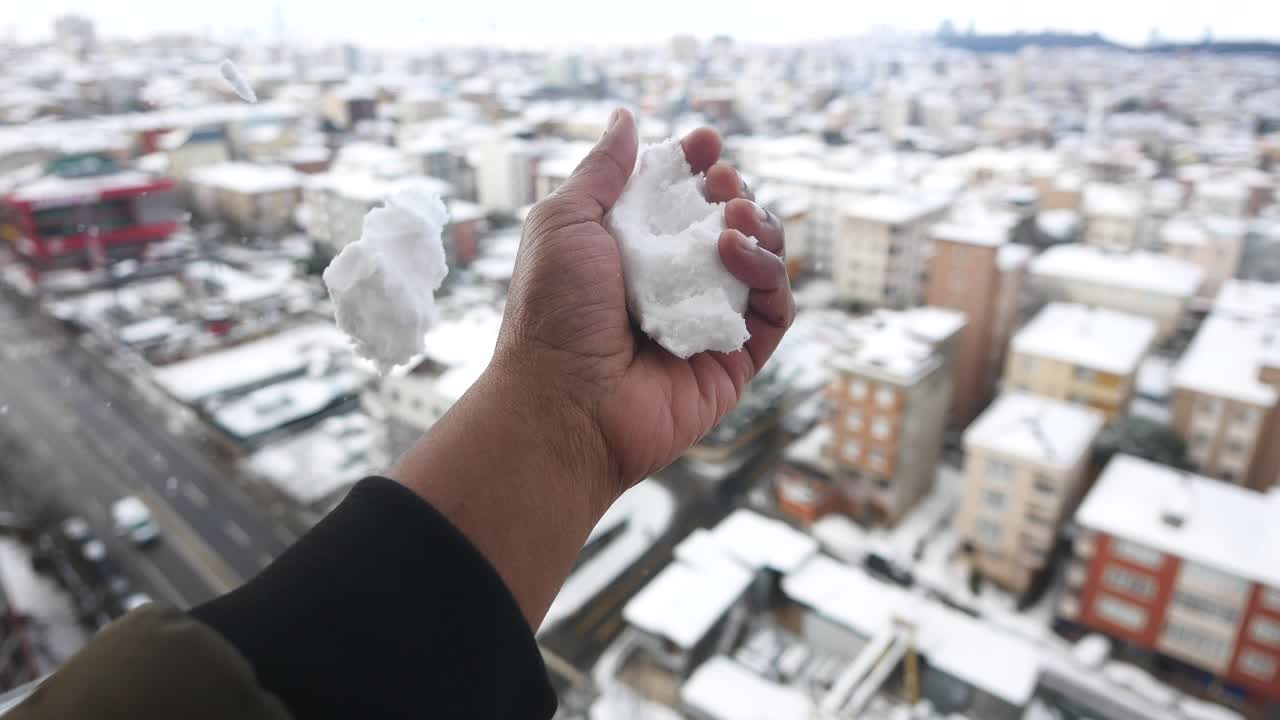 A hand holding snow against a panoramic view of a snow-covered city