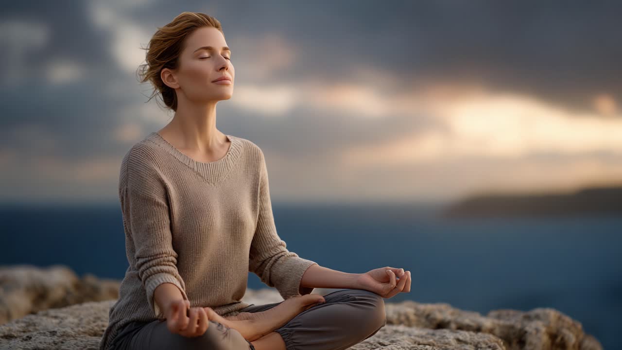 A Serene Moment of Mindfulness: A Woman Meditating Peacefully on a Rocky Outcrop Overlooking the Ocean, Enveloped by a Calm Sky at Dusk