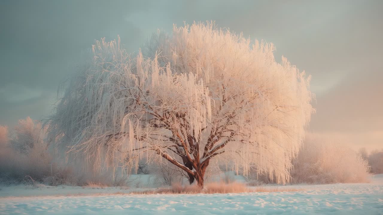 Shifting sky making solitary frost-coated tree glinting in snow field, camera zooming inward