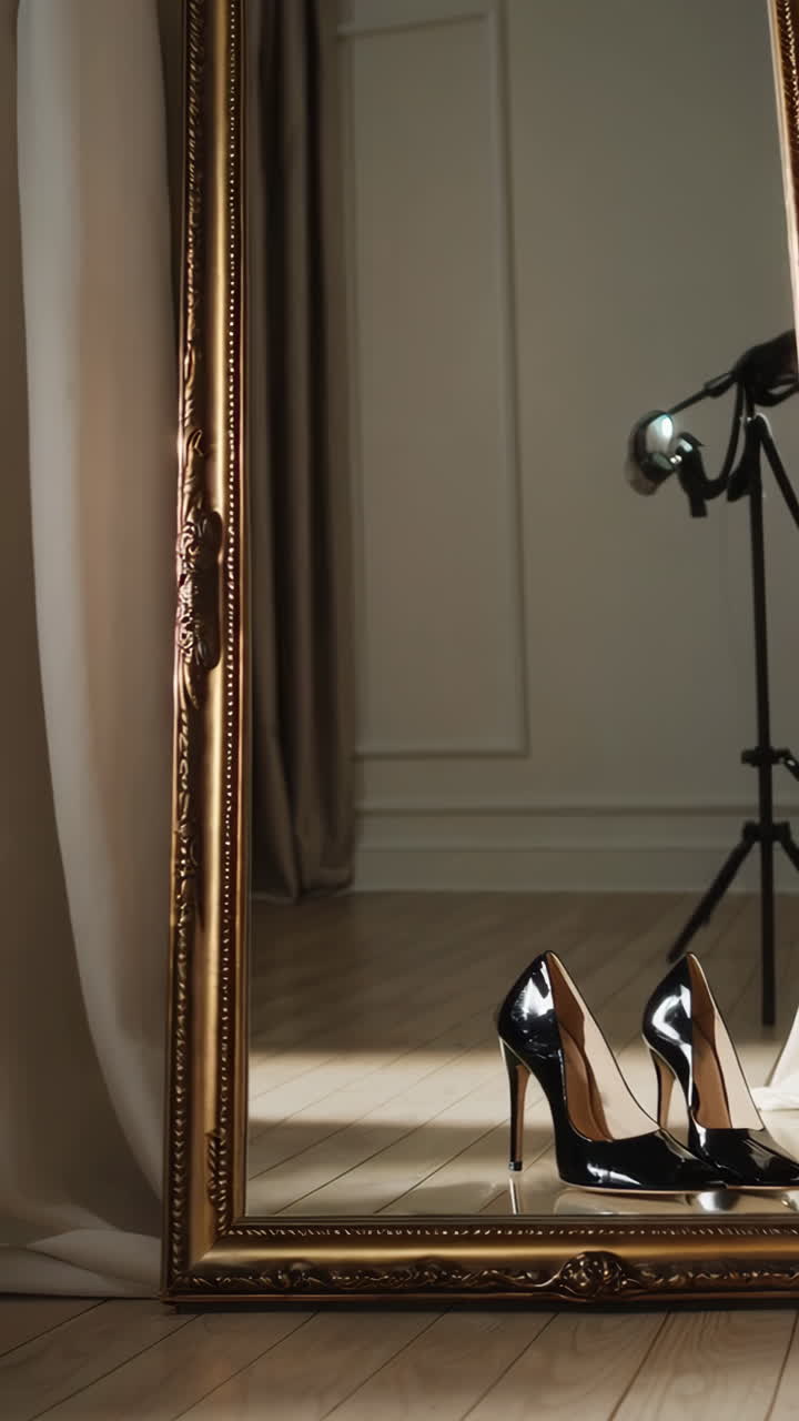 Black High Heels Reflected in a Gold-Framed Mirror