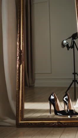 black high heels reflected in a gold-framed mirror