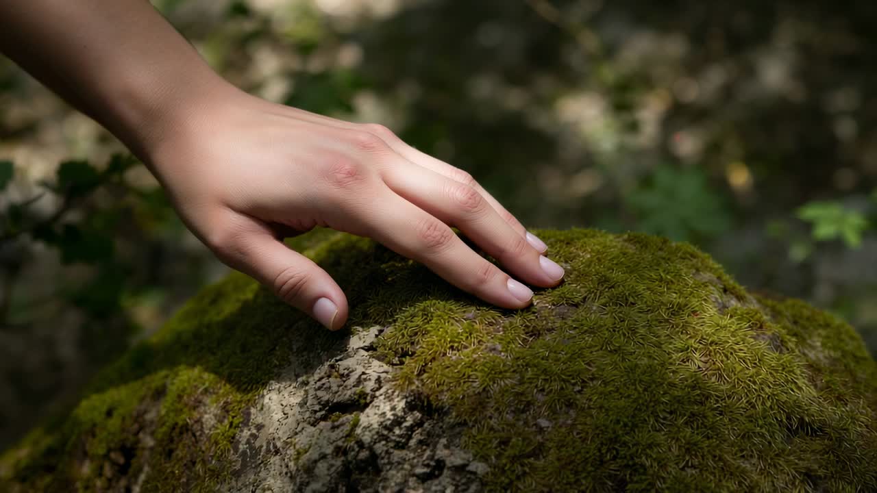 Touching hand pressing and sliding fingers across mossy rock in woods feeling surface knuckle scab