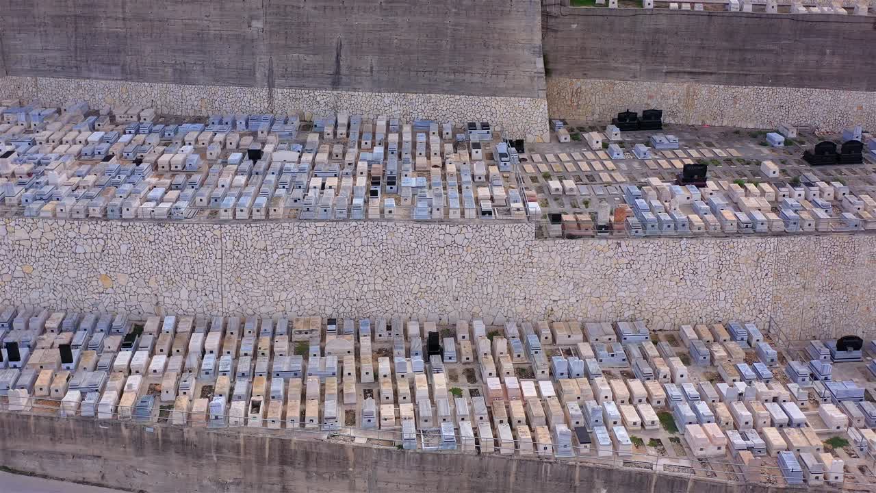 Aerial View of a Tiered Cemetery on a Hillside, Mount of Olives