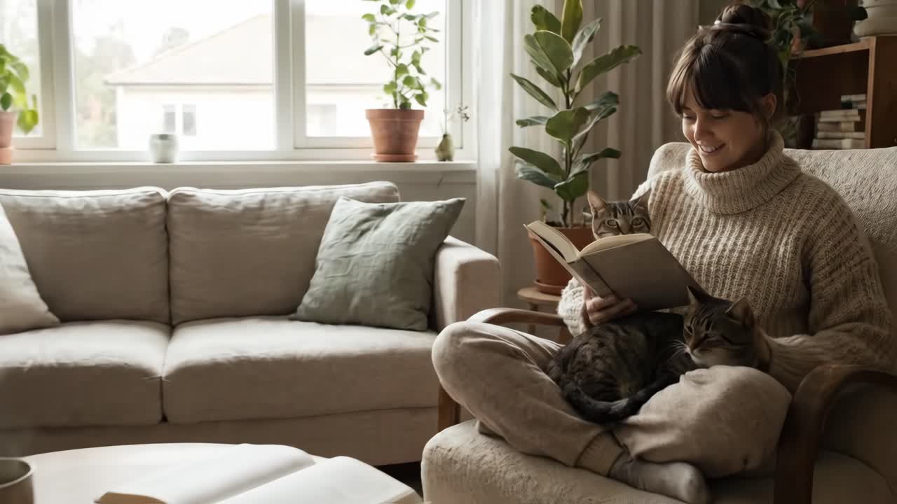 Jovem mulher lendo um livro com seus gatos em uma sala de estar aconchegante