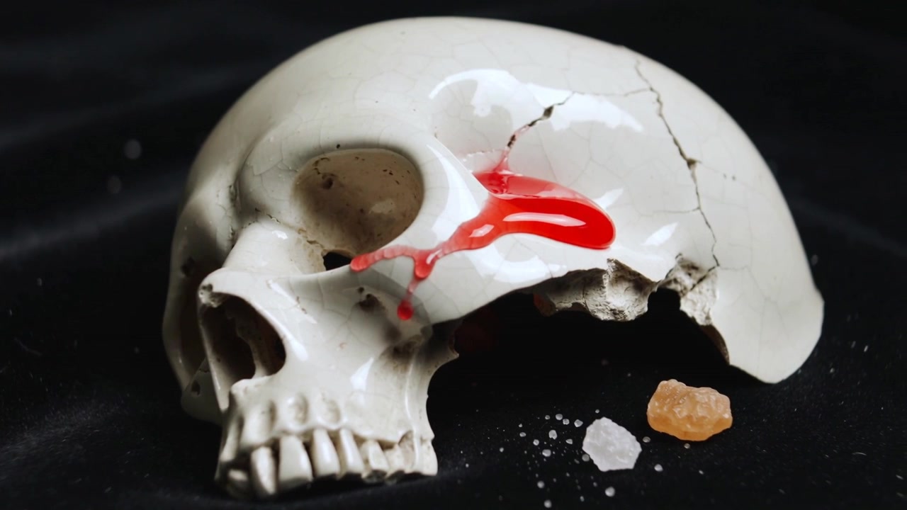 Seeping from cracked temple, skull forming red drop on studio tabletop, with crystals and powder
